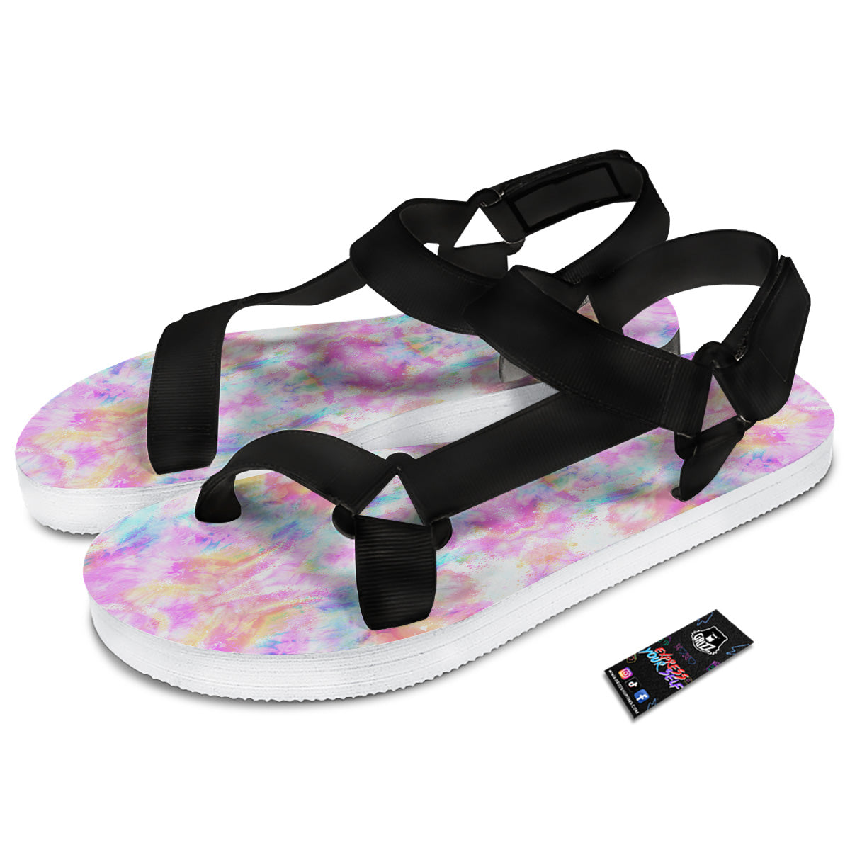 Kaleidoscope Tie Dye Pastel Print Pattern Black Open Toe Sandals-grizzshop