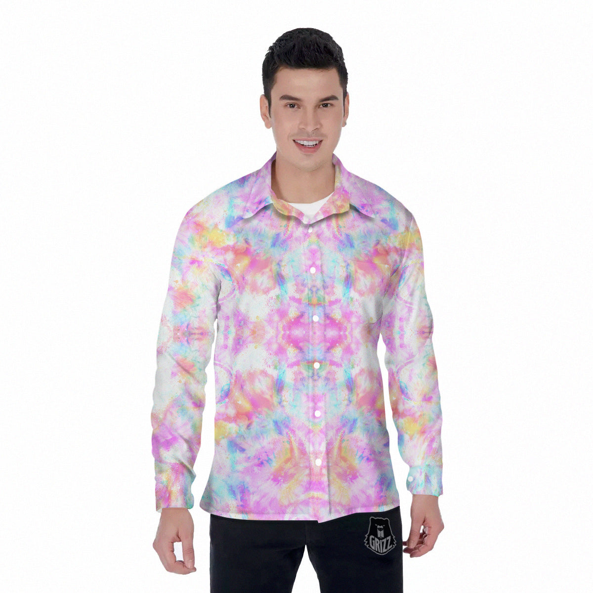 Kaleidoscope Tie Dye Pastel Print Pattern Men's Long Sleeve Shirts-grizzshop