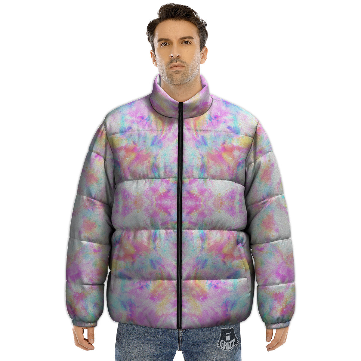 Kaleidoscope Tie Dye Pastel Print Pattern Puffer Jacket-grizzshop