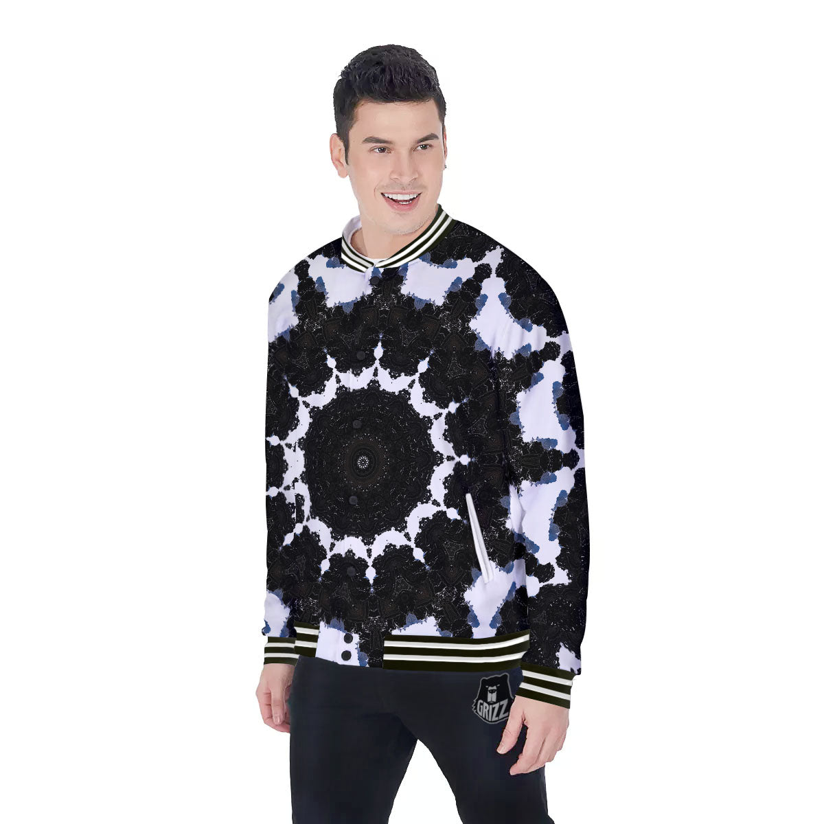 Kaleidoscope White And Black Print Baseball Jacket-grizzshop