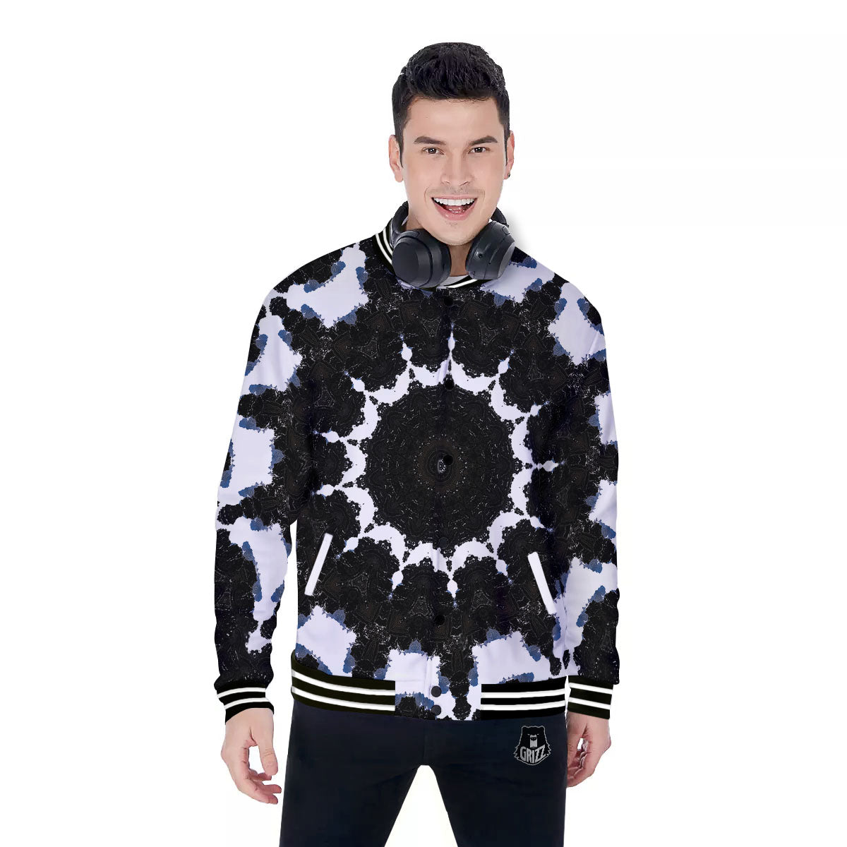 Kaleidoscope White And Black Print Baseball Jacket-grizzshop