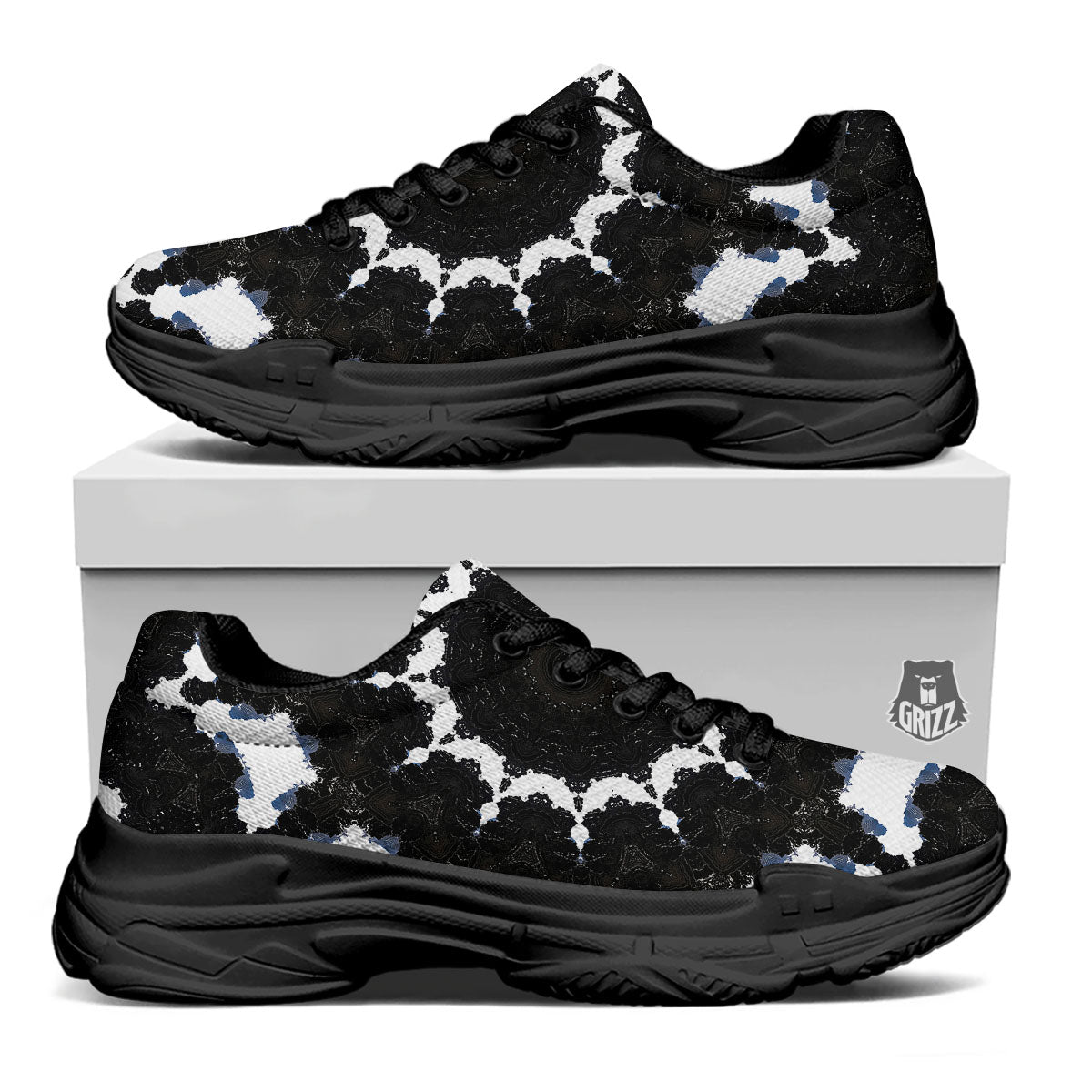 Kaleidoscope White And Black Print Black Chunky Shoes-grizzshop