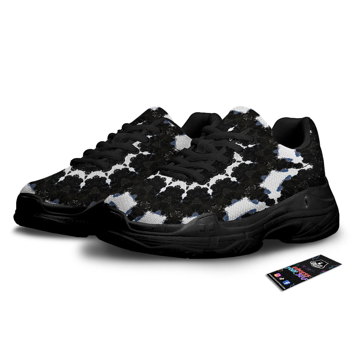 Kaleidoscope White And Black Print Black Chunky Shoes-grizzshop