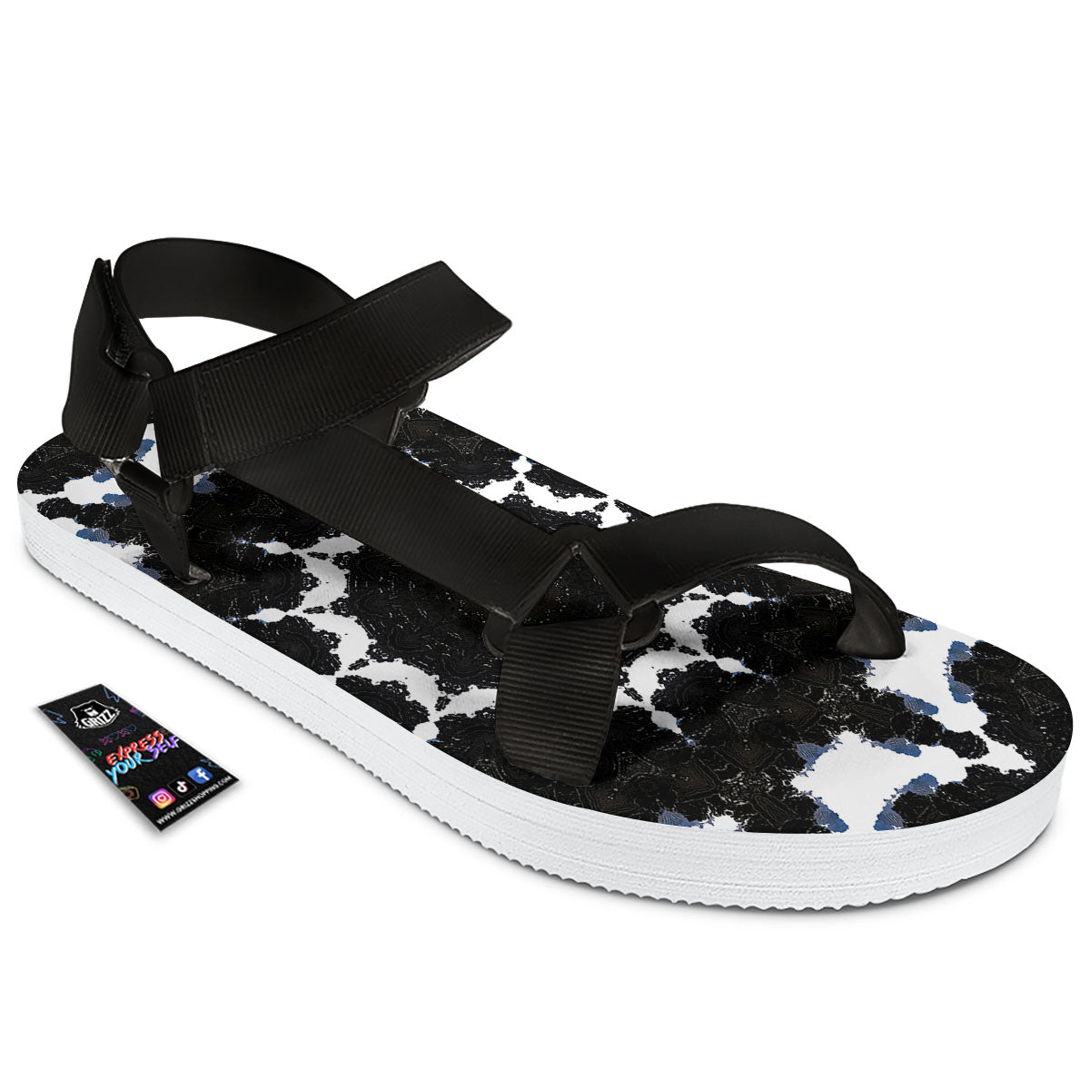 Kaleidoscope White And Black Print Black Open Toe Sandals-grizzshop