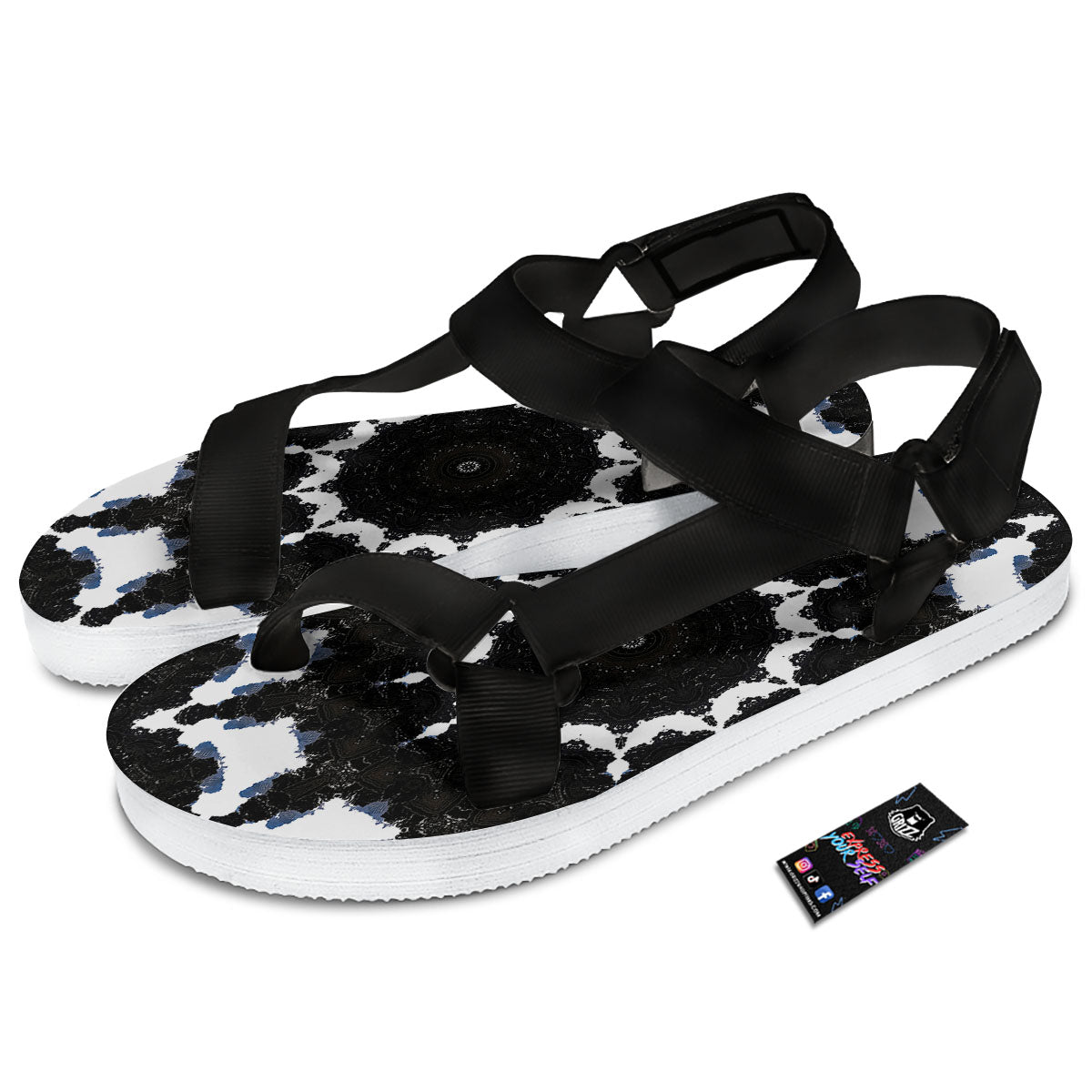 Kaleidoscope White And Black Print Black Open Toe Sandals-grizzshop