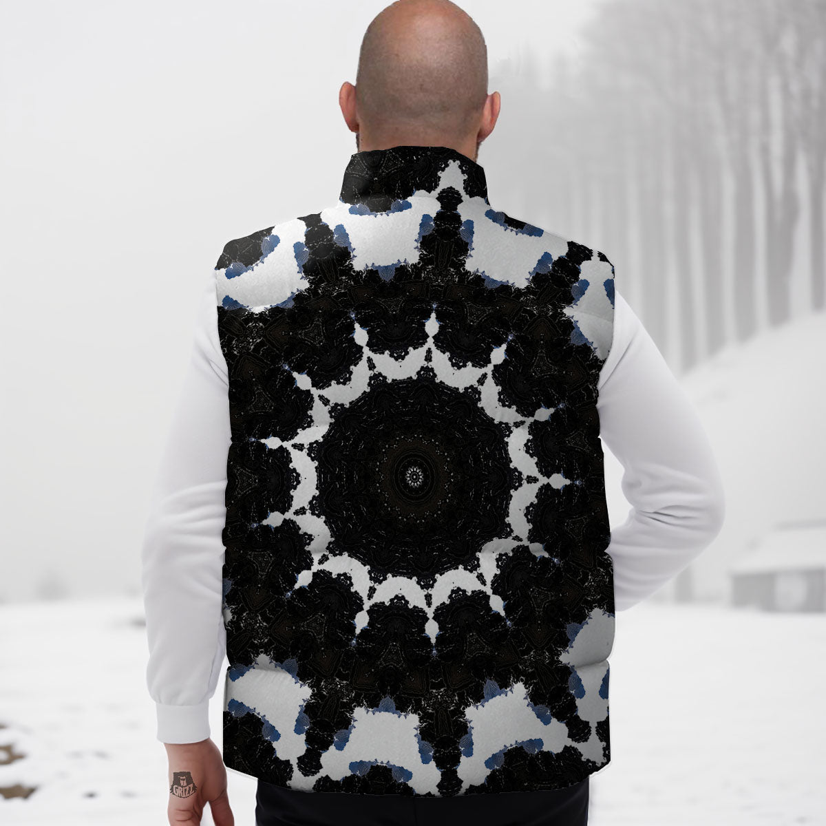 Kaleidoscope White And Black Print Down Vest