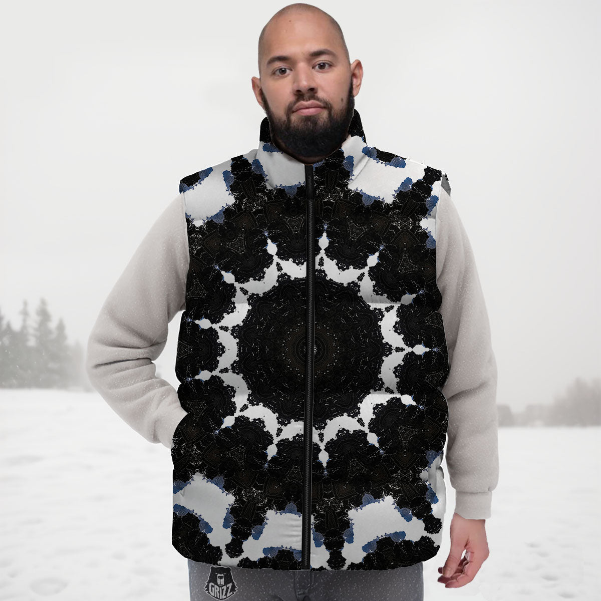Kaleidoscope White And Black Print Down Vest