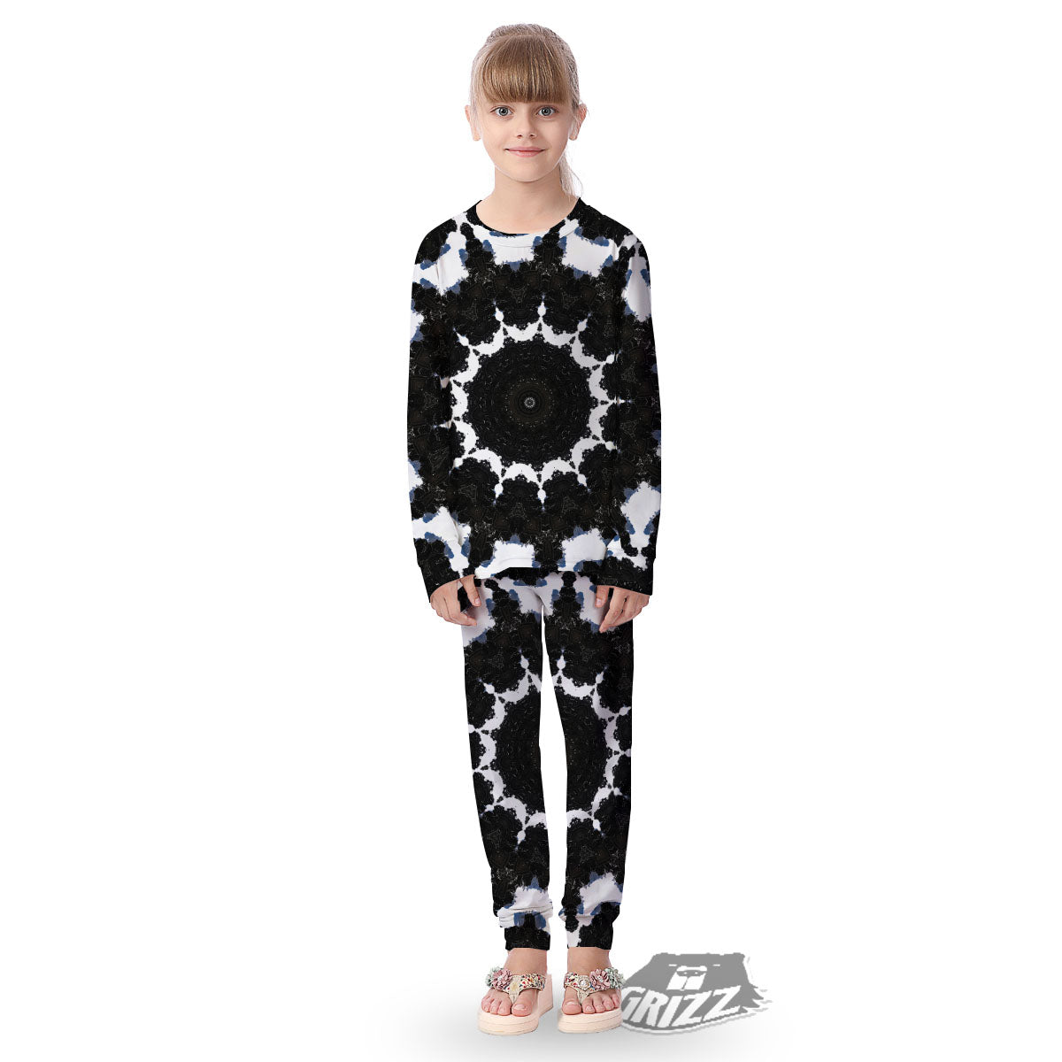 Kaleidoscope White And Black Print Kid's Pajamas-grizzshop