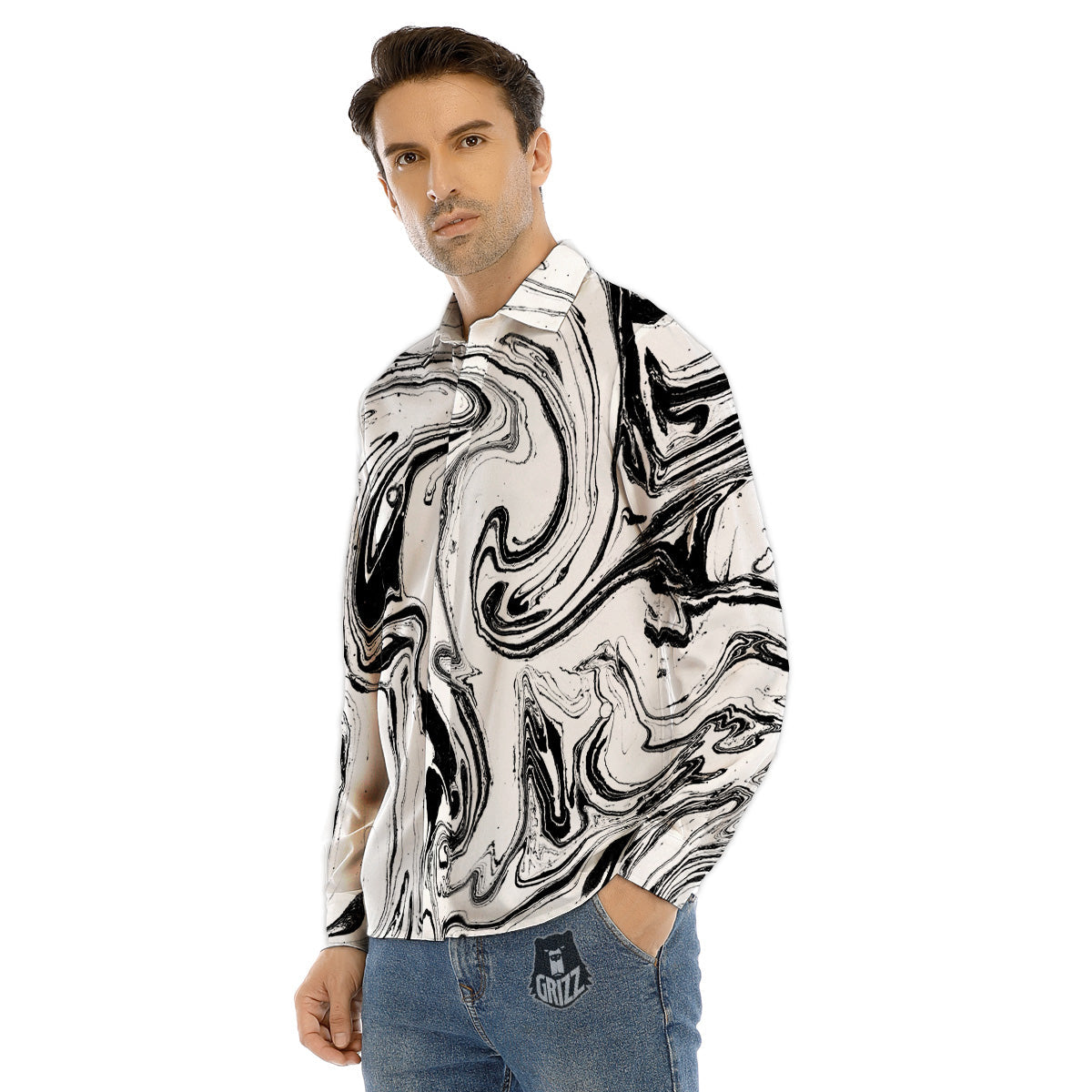 Kaleidoscope White And Black Print Men's Dress Shirts-grizzshop