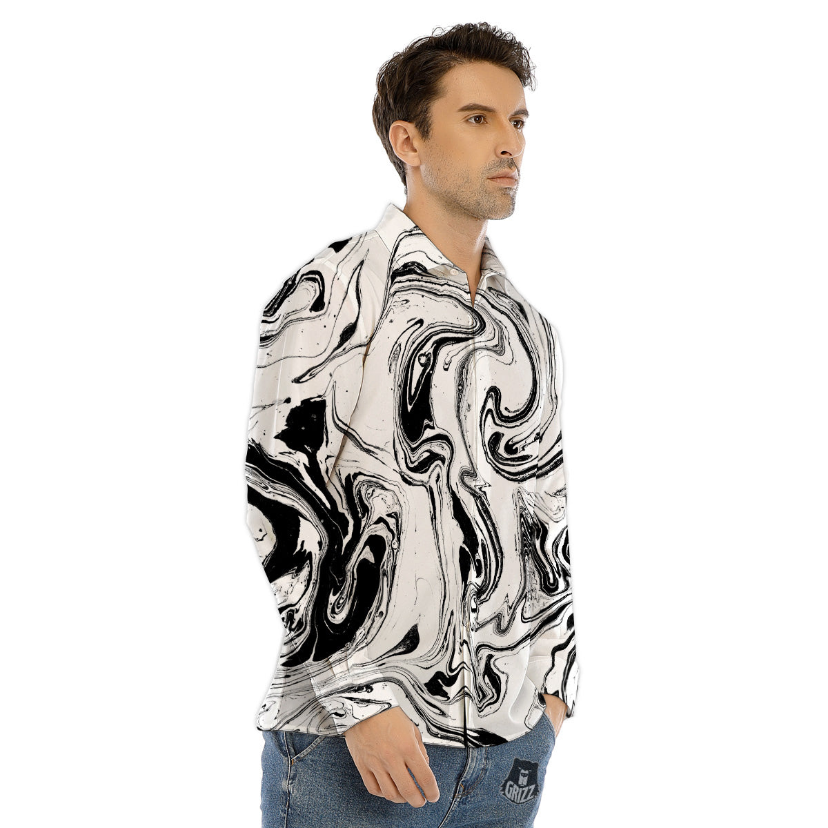 Kaleidoscope White And Black Print Men's Dress Shirts-grizzshop