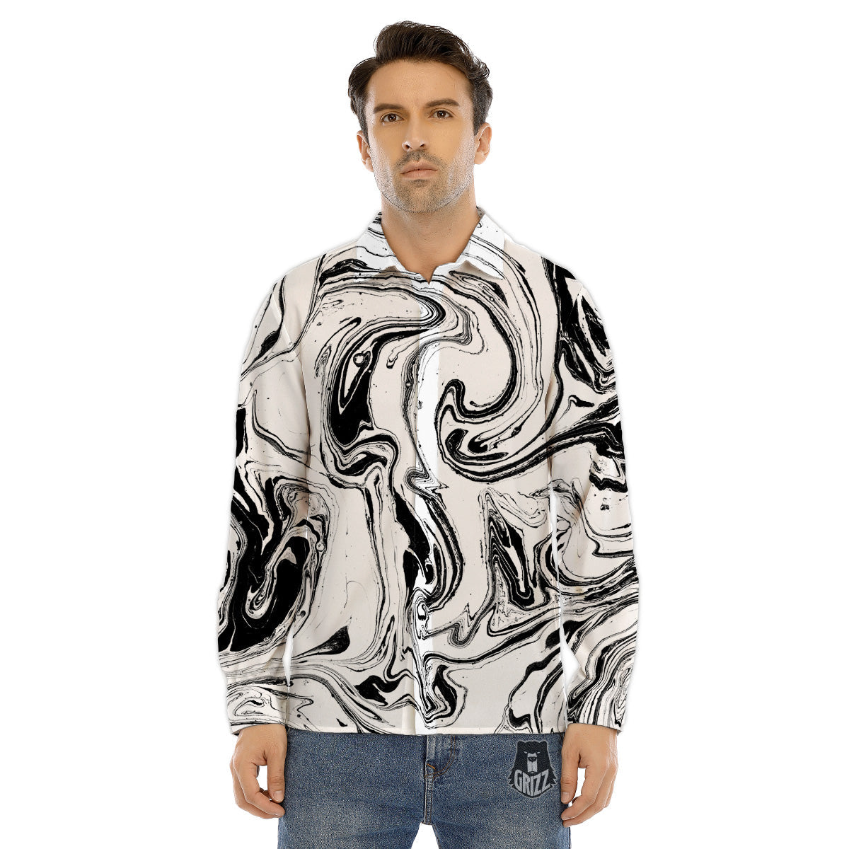 Kaleidoscope White And Black Print Men's Dress Shirts-grizzshop