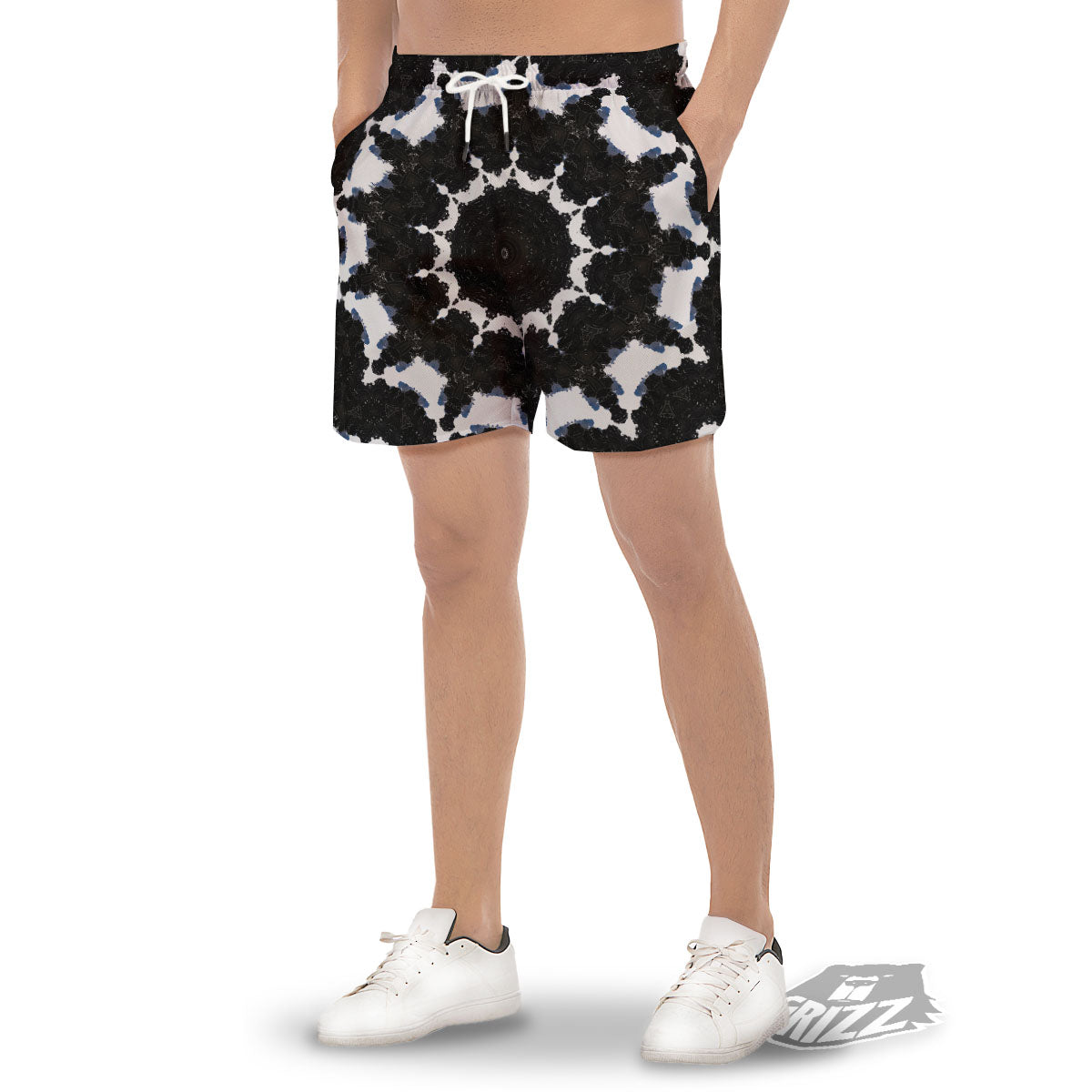 Kaleidoscope White And Black Print Men's Gym Shorts-grizzshop