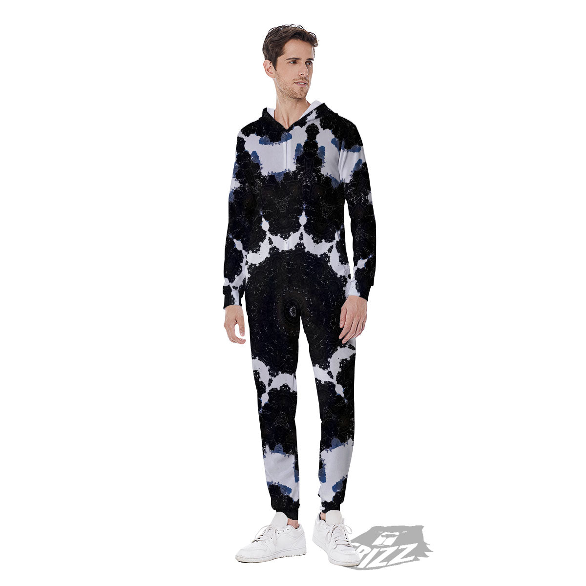 Kaleidoscope White And Black Print Men's Jumpsuit-grizzshop