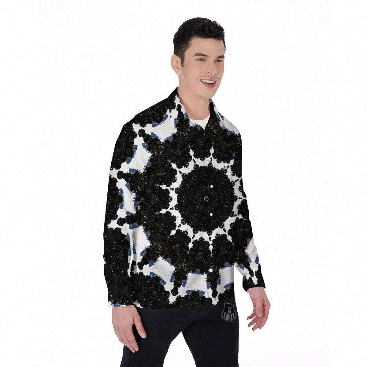 Kaleidoscope White And Black Print Men's Long Sleeve Shirts-grizzshop