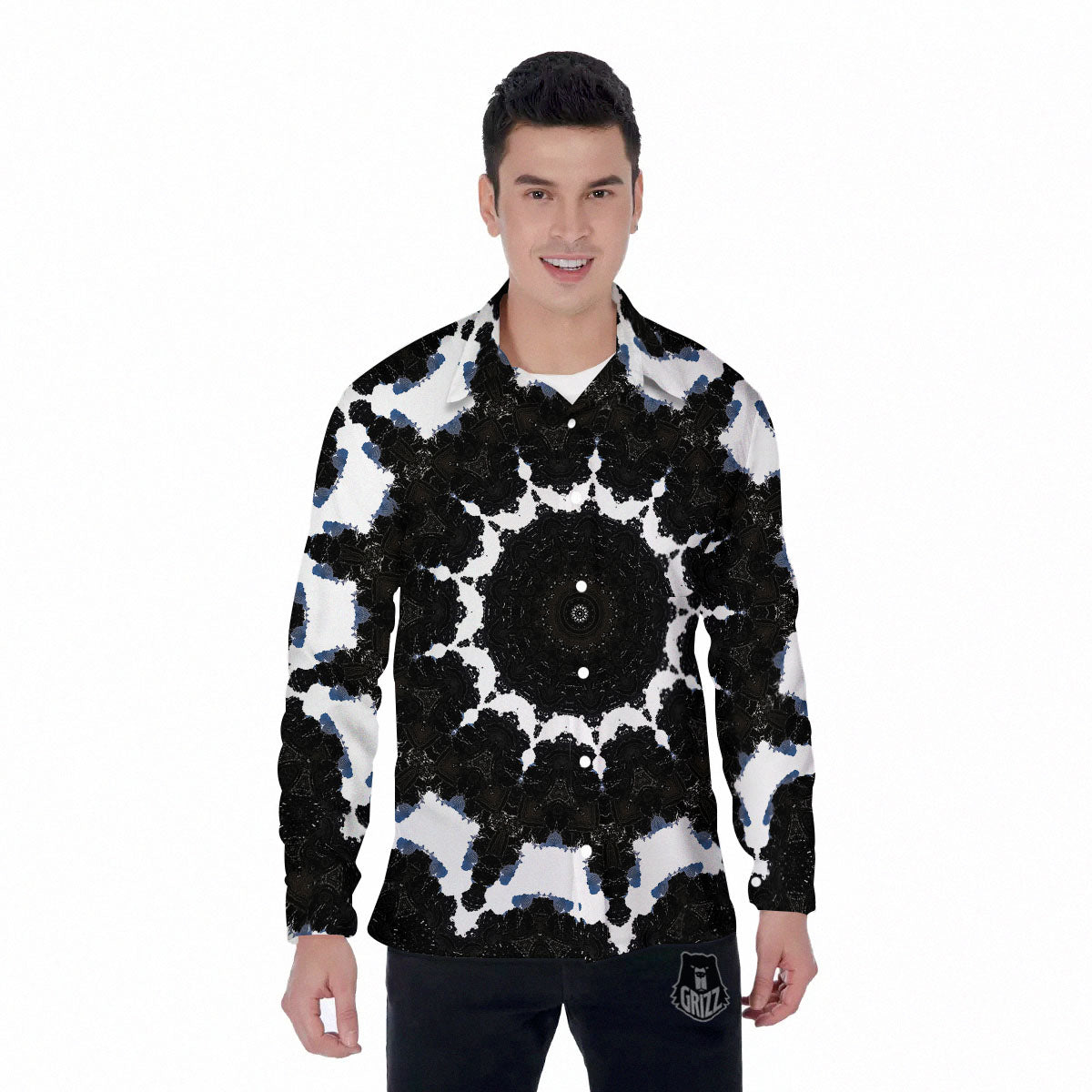Kaleidoscope White And Black Print Men's Long Sleeve Shirts-grizzshop