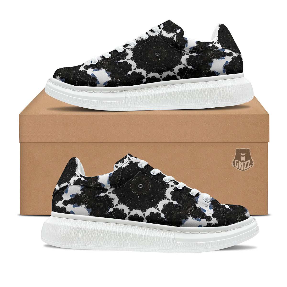 Kaleidoscope White And Black Print Platform Shoes-grizzshop