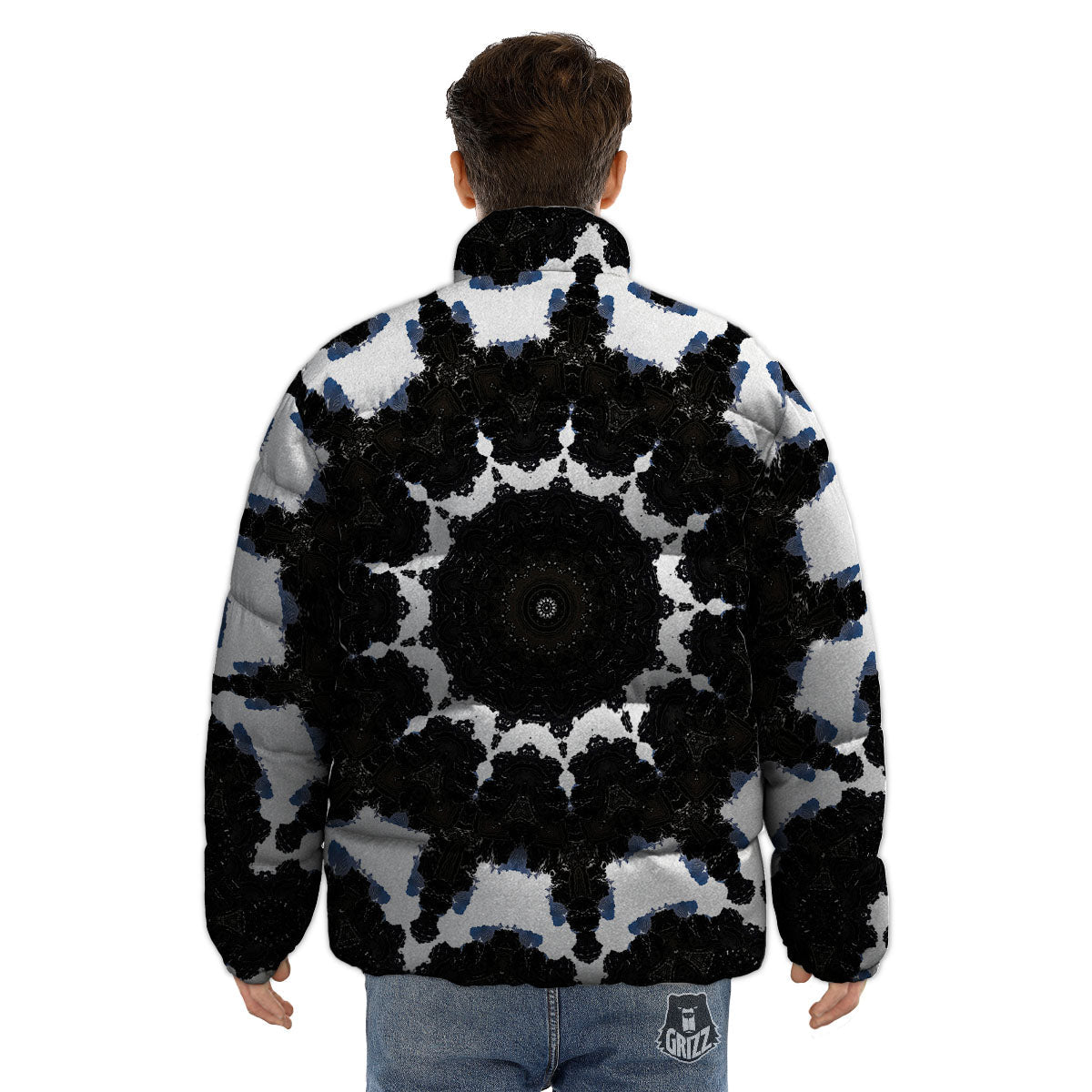 Kaleidoscope White And Black Print Puffer Jacket-grizzshop