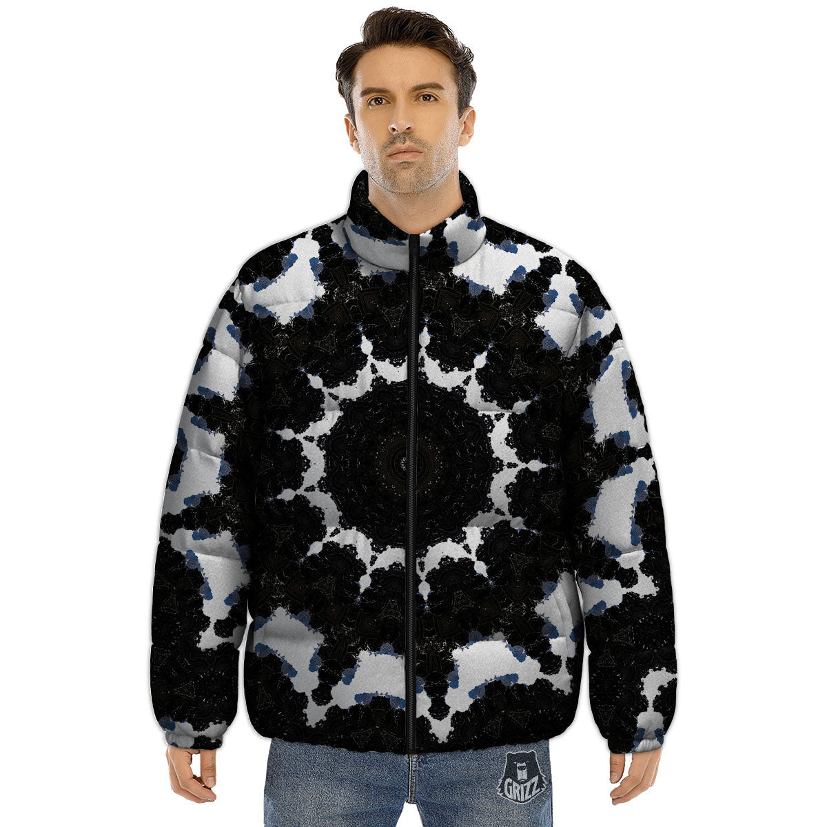 Kaleidoscope White And Black Print Puffer Jacket-grizzshop