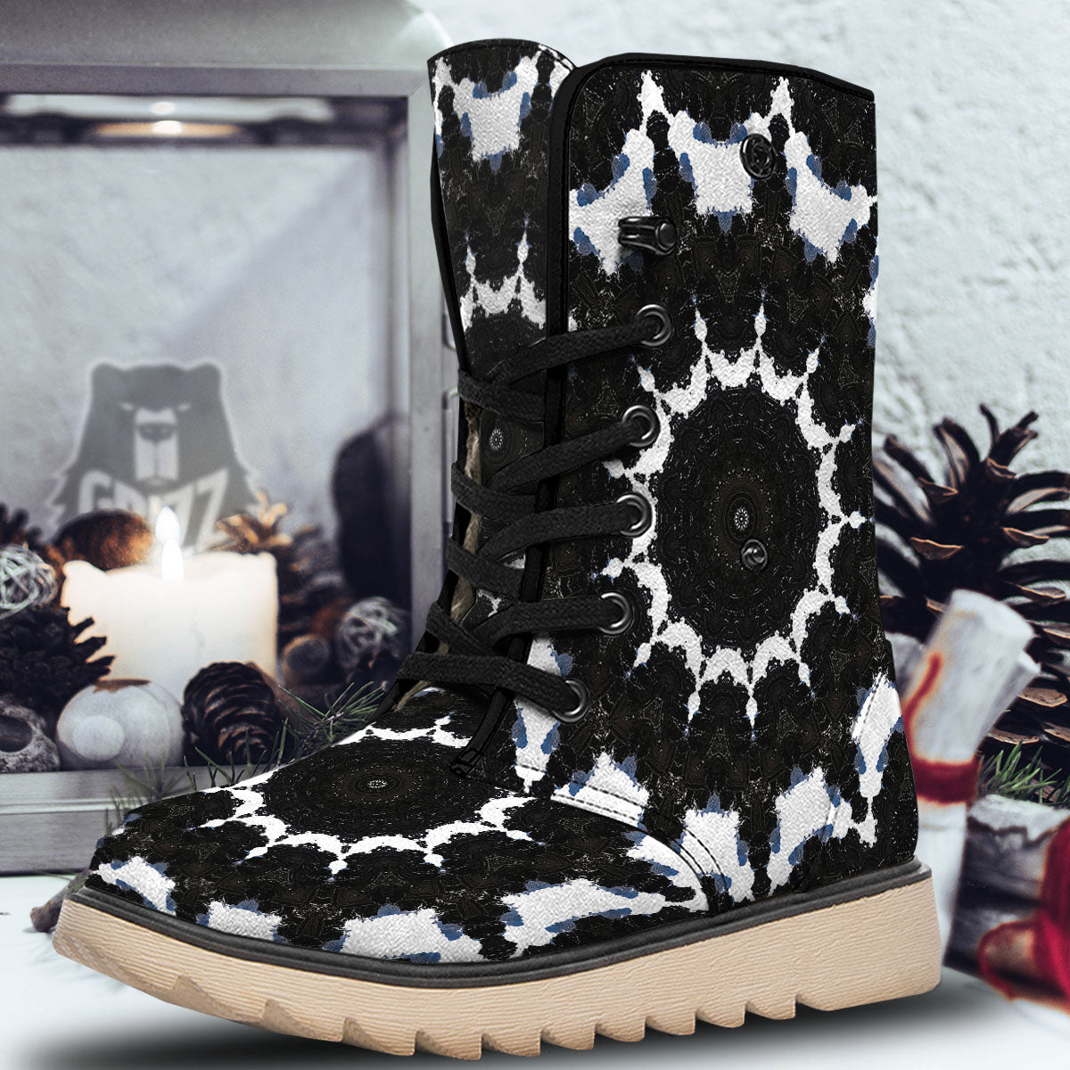 Kaleidoscope White And Black Print Snow Boots-grizzshop
