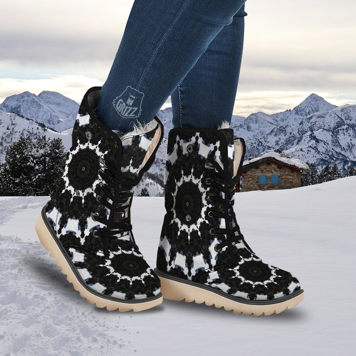 Kaleidoscope White And Black Print Snow Boots-grizzshop