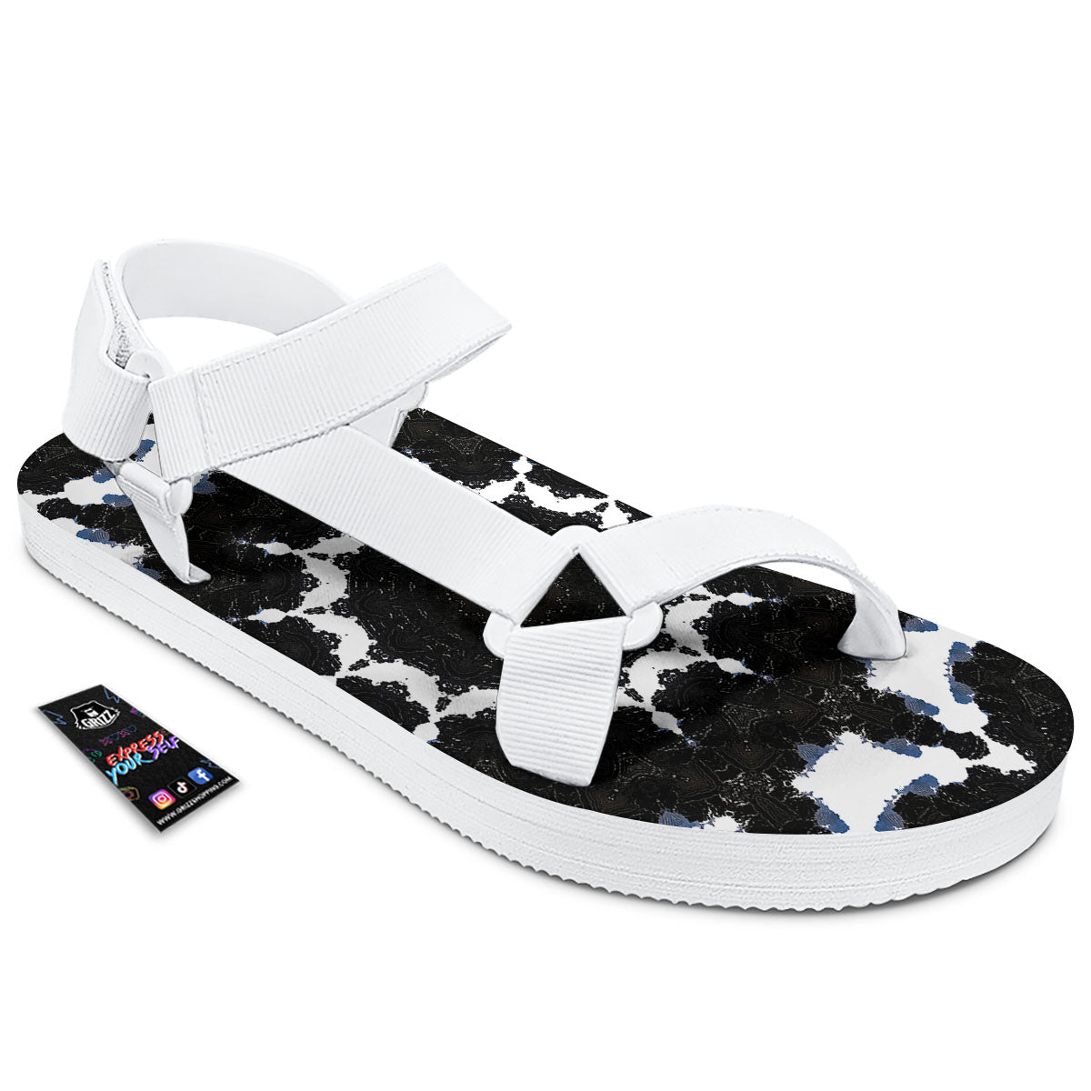 Kaleidoscope White And Black Print White Open Toe Sandals-grizzshop