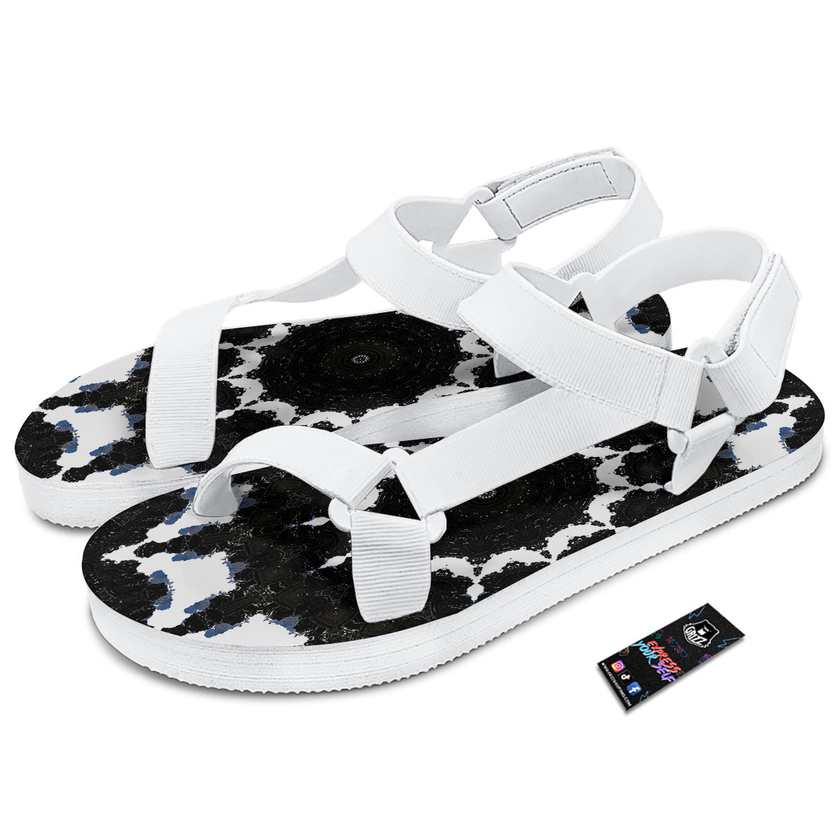 Kaleidoscope White And Black Print White Open Toe Sandals-grizzshop