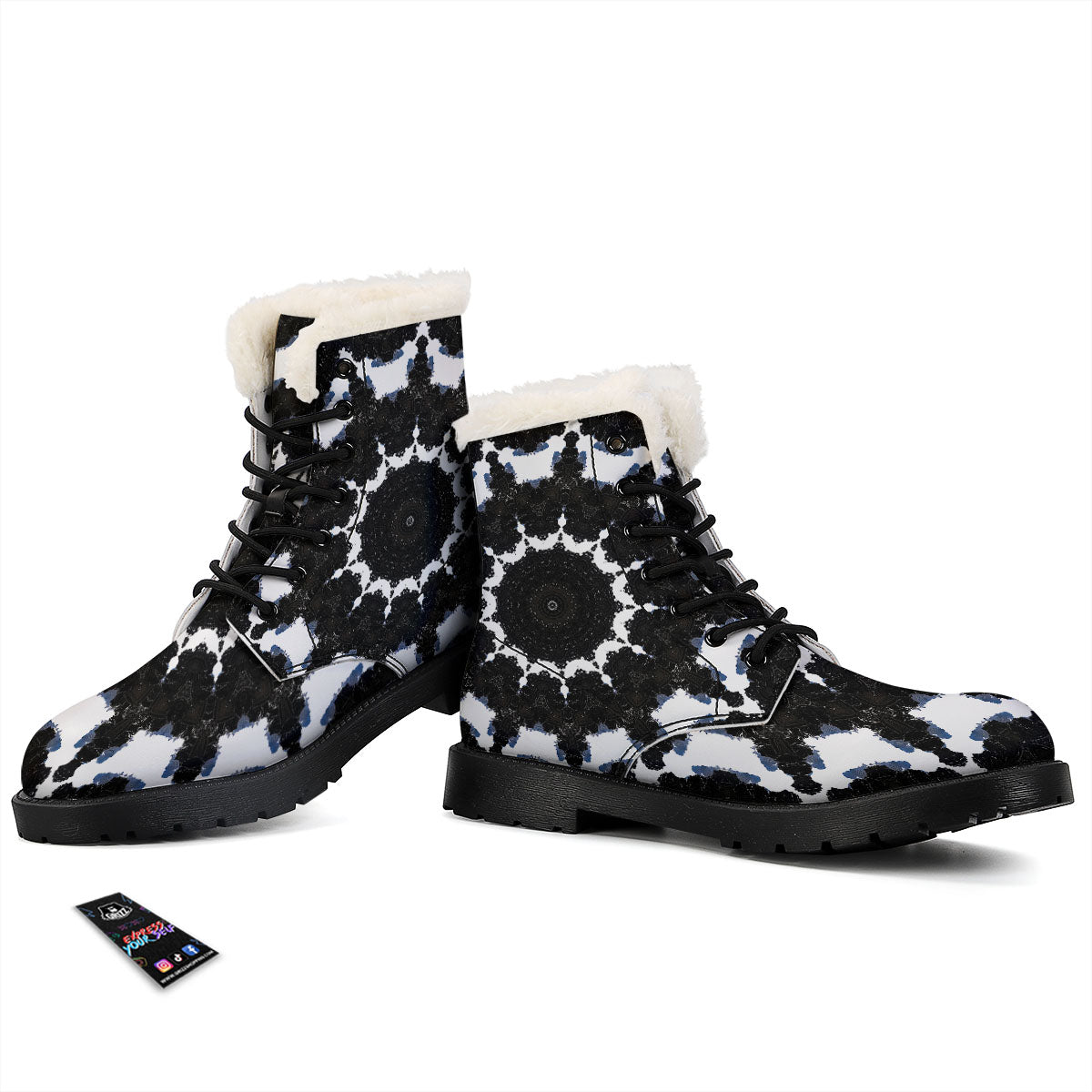 Kaleidoscope White And Black Print Winter Boots-grizzshop