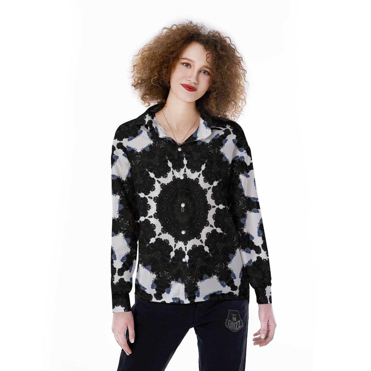 Kaleidoscope White And Black Print Women's Long Sleeve Shirts-grizzshop