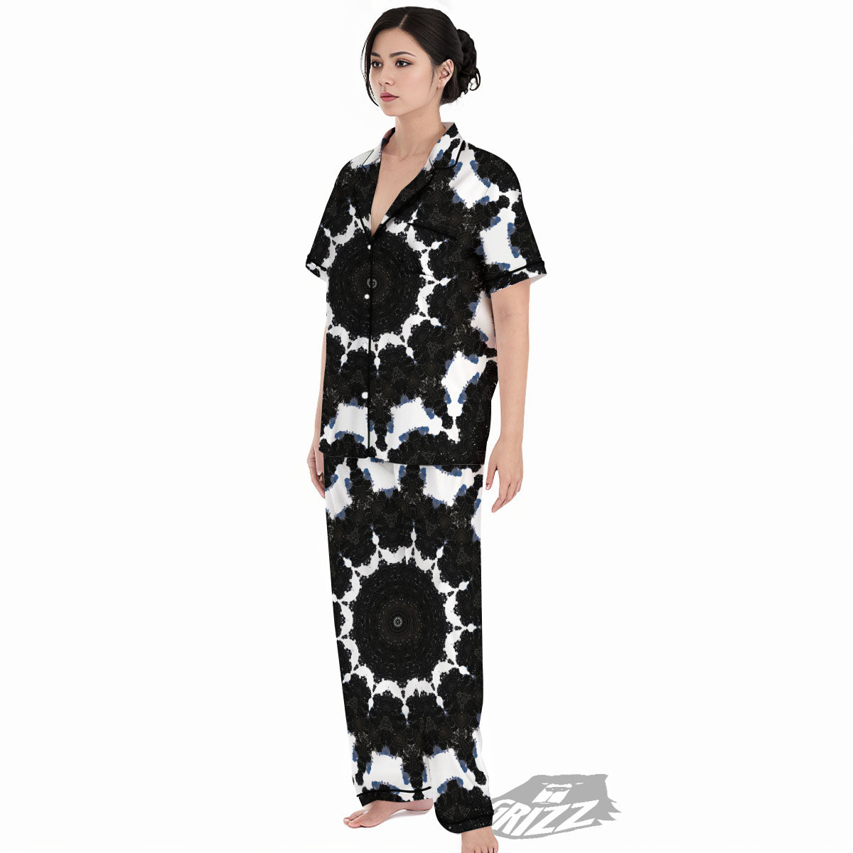 Kaleidoscope White And Black Print Women's Pajamas Set-grizzshop