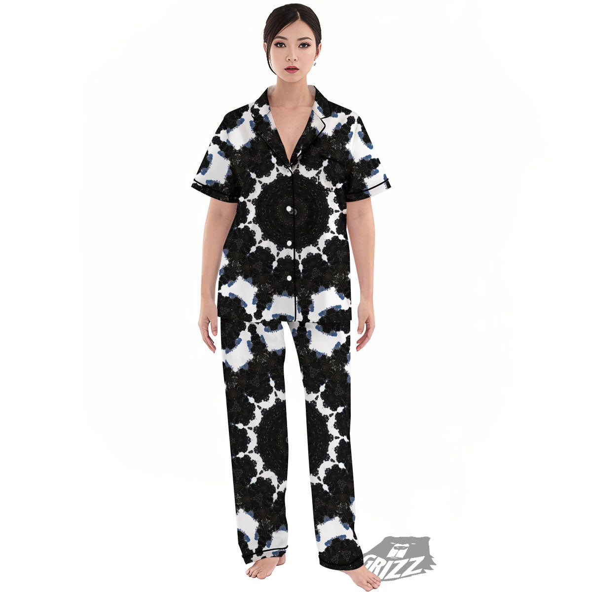 Kaleidoscope White And Black Print Women's Pajamas Set-grizzshop