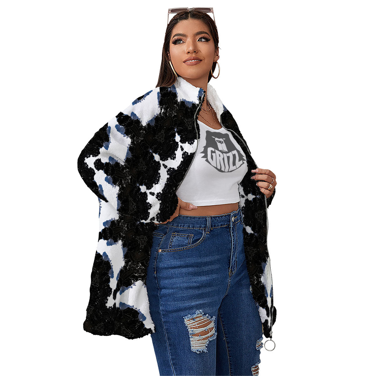 Kaleidoscope White And Black Print Women's Sherpa Jacket-grizzshop