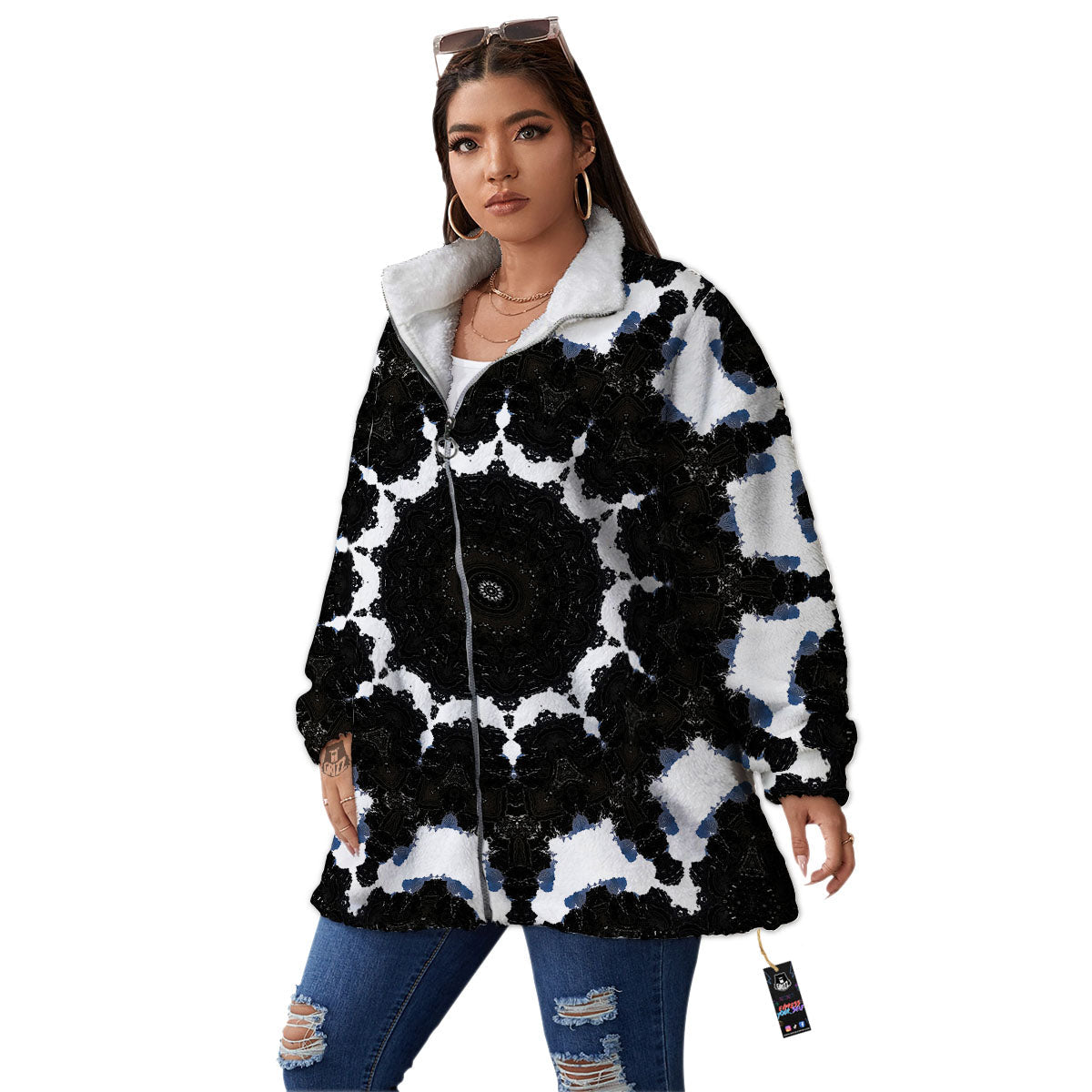 Kaleidoscope White And Black Print Women's Sherpa Jacket-grizzshop