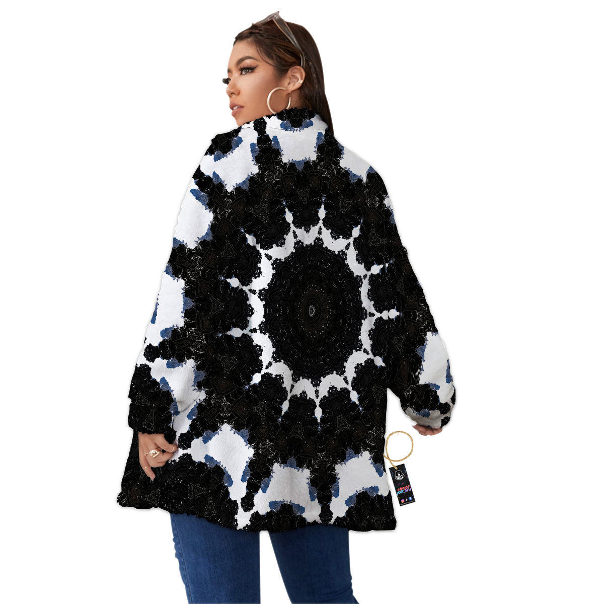 Kaleidoscope White And Black Print Women's Sherpa Jacket-grizzshop