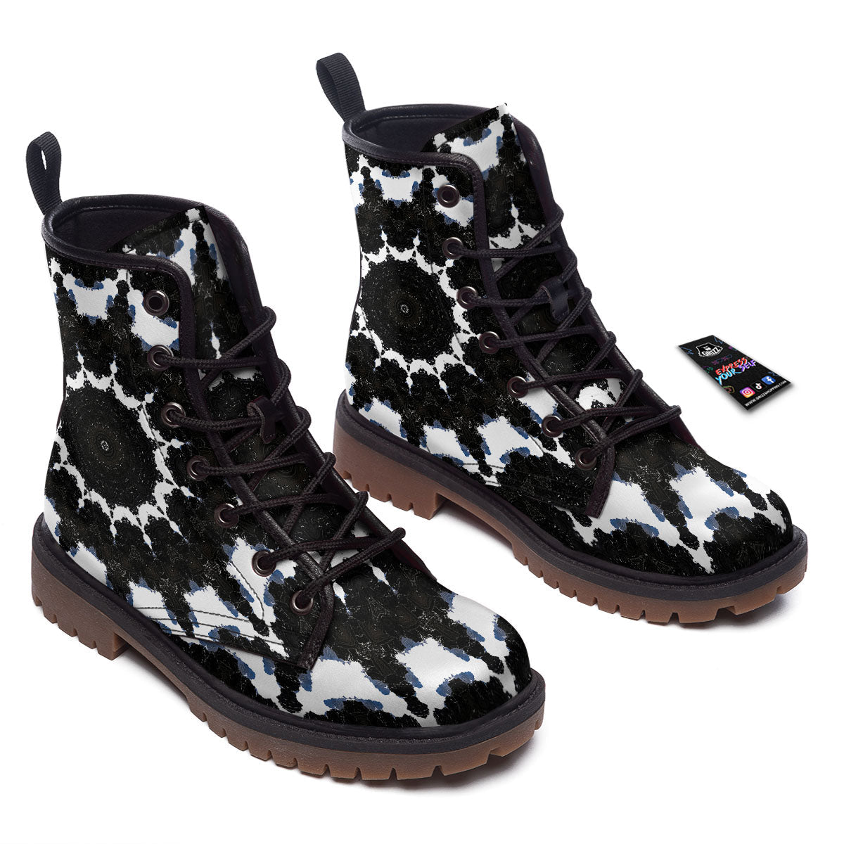 Kaleidoscope White And Black Print Work Boots-grizzshop