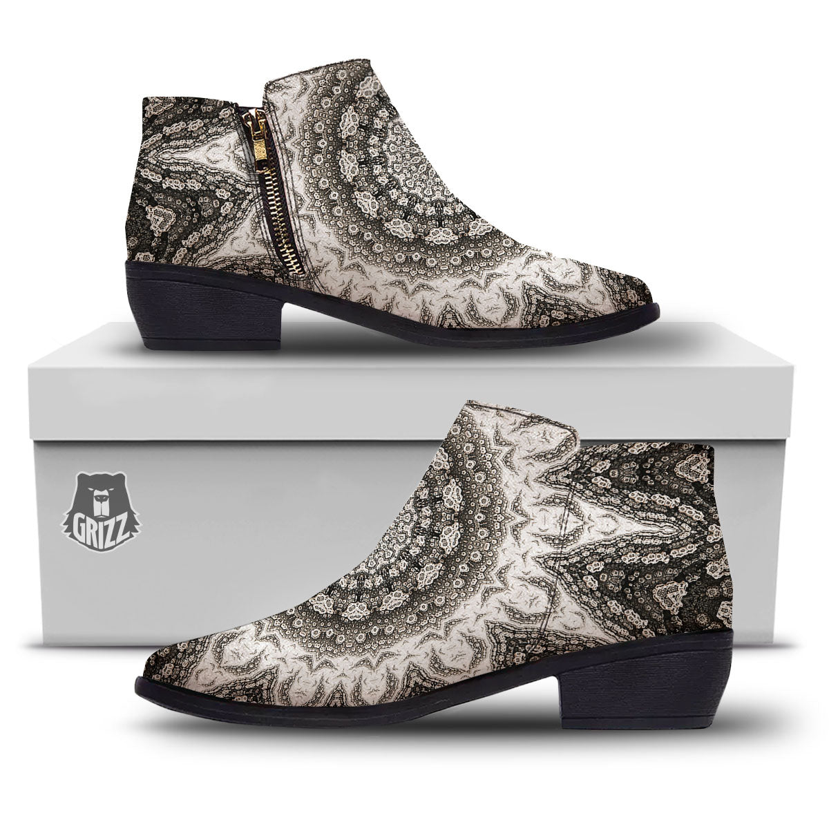 Kaleidoscope White Print Ankle Boots-grizzshop