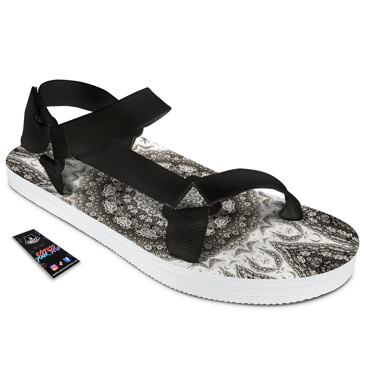 Kaleidoscope White Print Black Open Toe Sandals-grizzshop