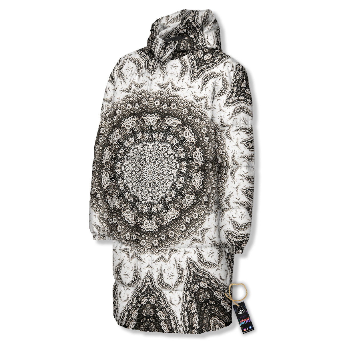 Kaleidoscope White Print Long Down Jacket-grizzshop