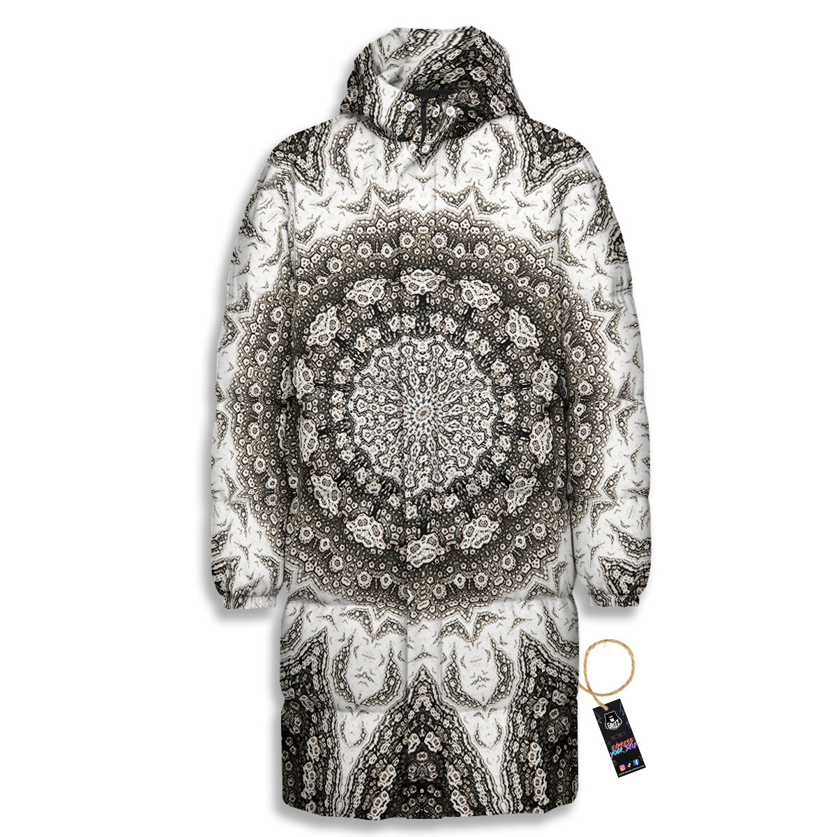 Kaleidoscope White Print Long Down Jacket-grizzshop