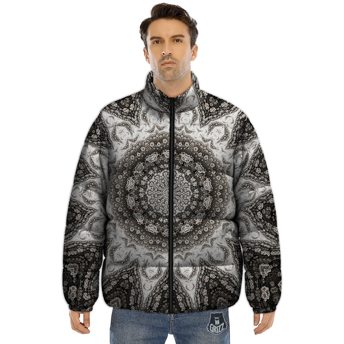 Kaleidoscope White Print Puffer Jacket-grizzshop
