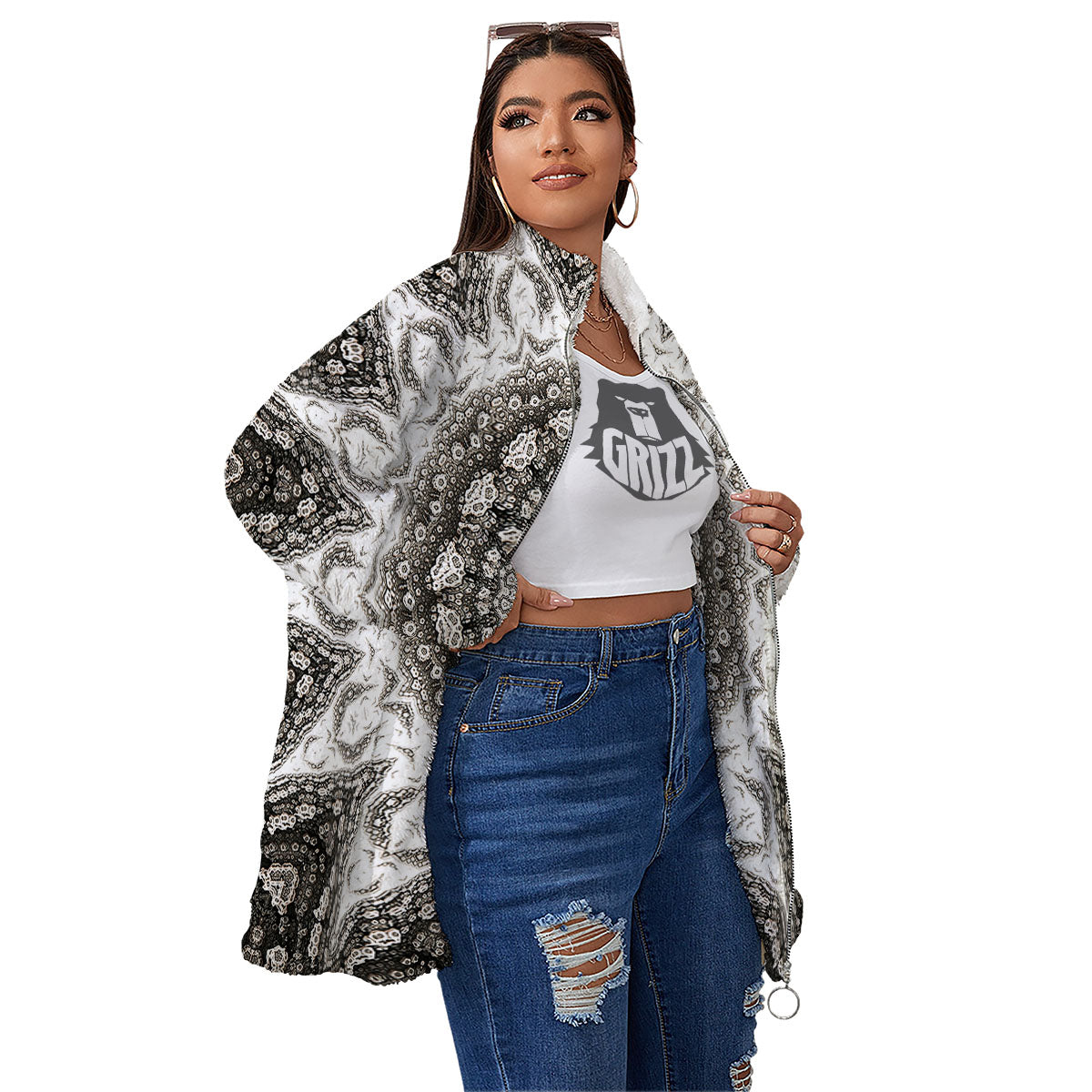 Kaleidoscope White Print Women's Sherpa Jacket-grizzshop