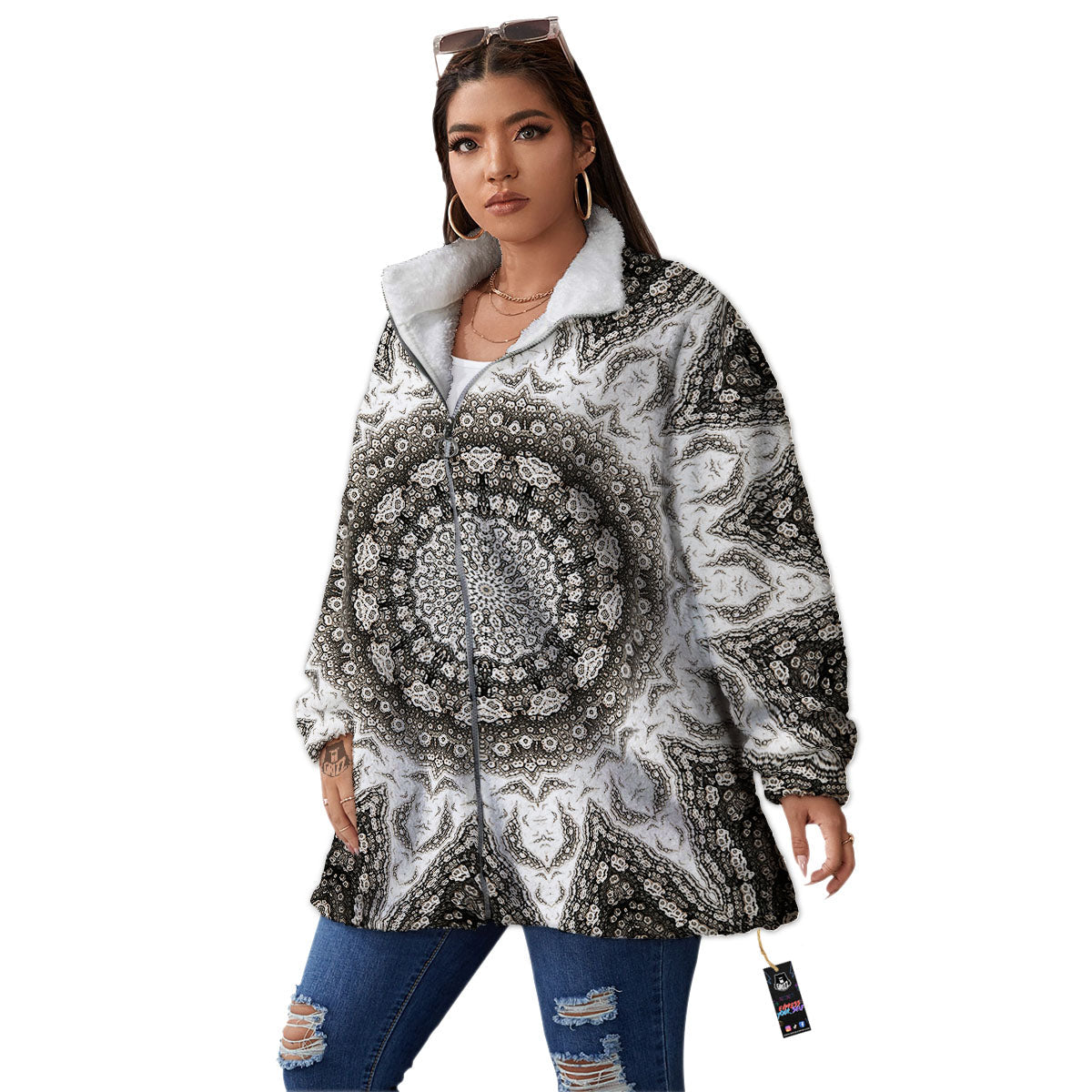 Kaleidoscope White Print Women's Sherpa Jacket-grizzshop