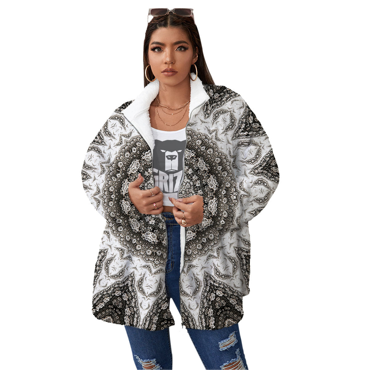 Kaleidoscope White Print Women's Sherpa Jacket-grizzshop