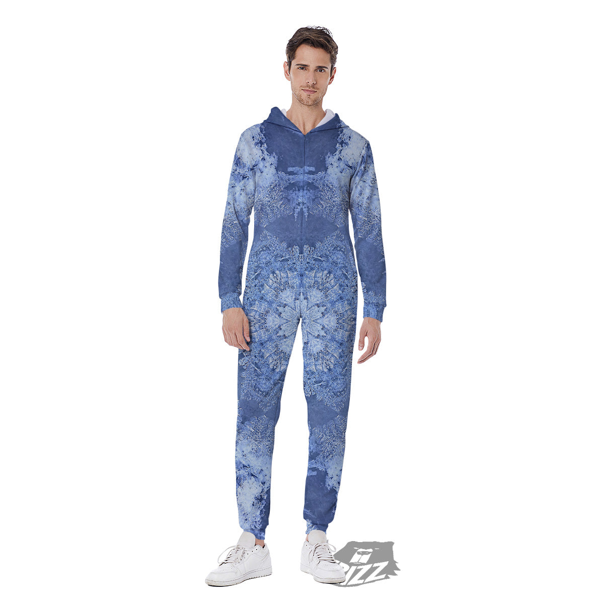 Kaleidoscope Blue Snowflake Print Men's Jumpsuit-grizzshop