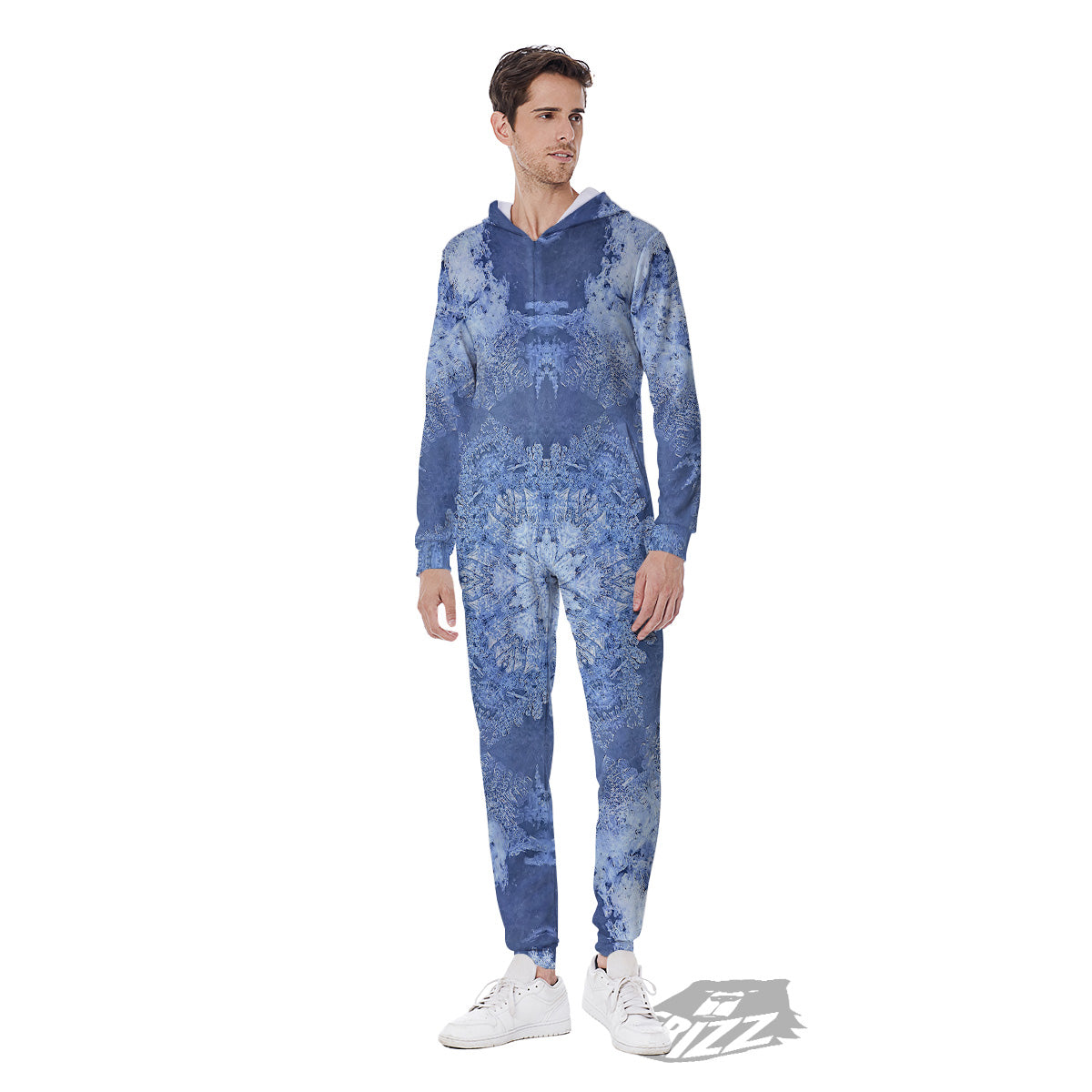 Kaleidoscope Blue Snowflake Print Men's Jumpsuit-grizzshop