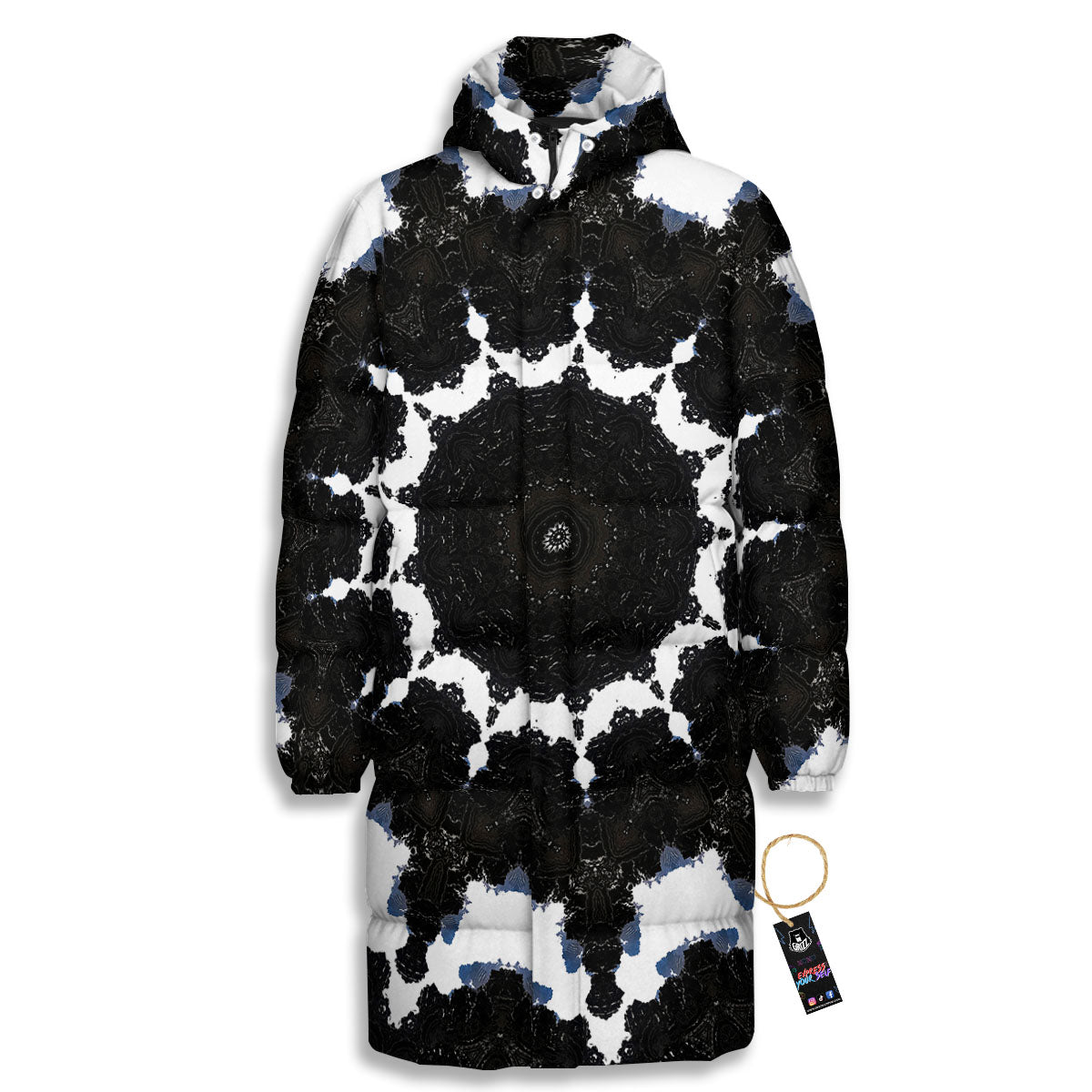 Kaleidoscope White And Black Print Long Down Jacket