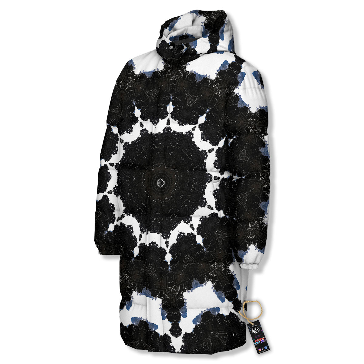 Kaleidoscope White And Black Print Long Down Jacket