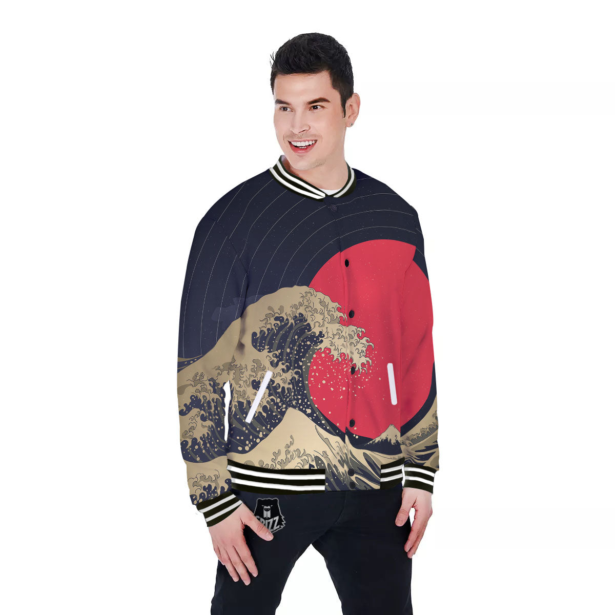Kanagawa Wave Golden Print Baseball Jacket-grizzshop