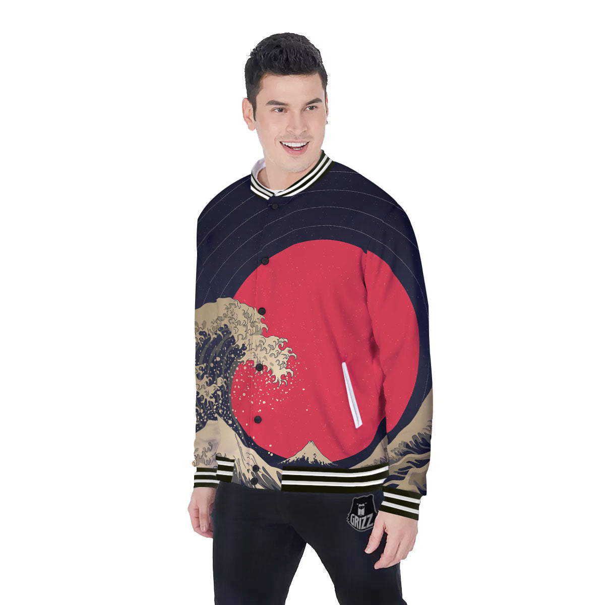 Kanagawa Wave Golden Print Baseball Jacket-grizzshop