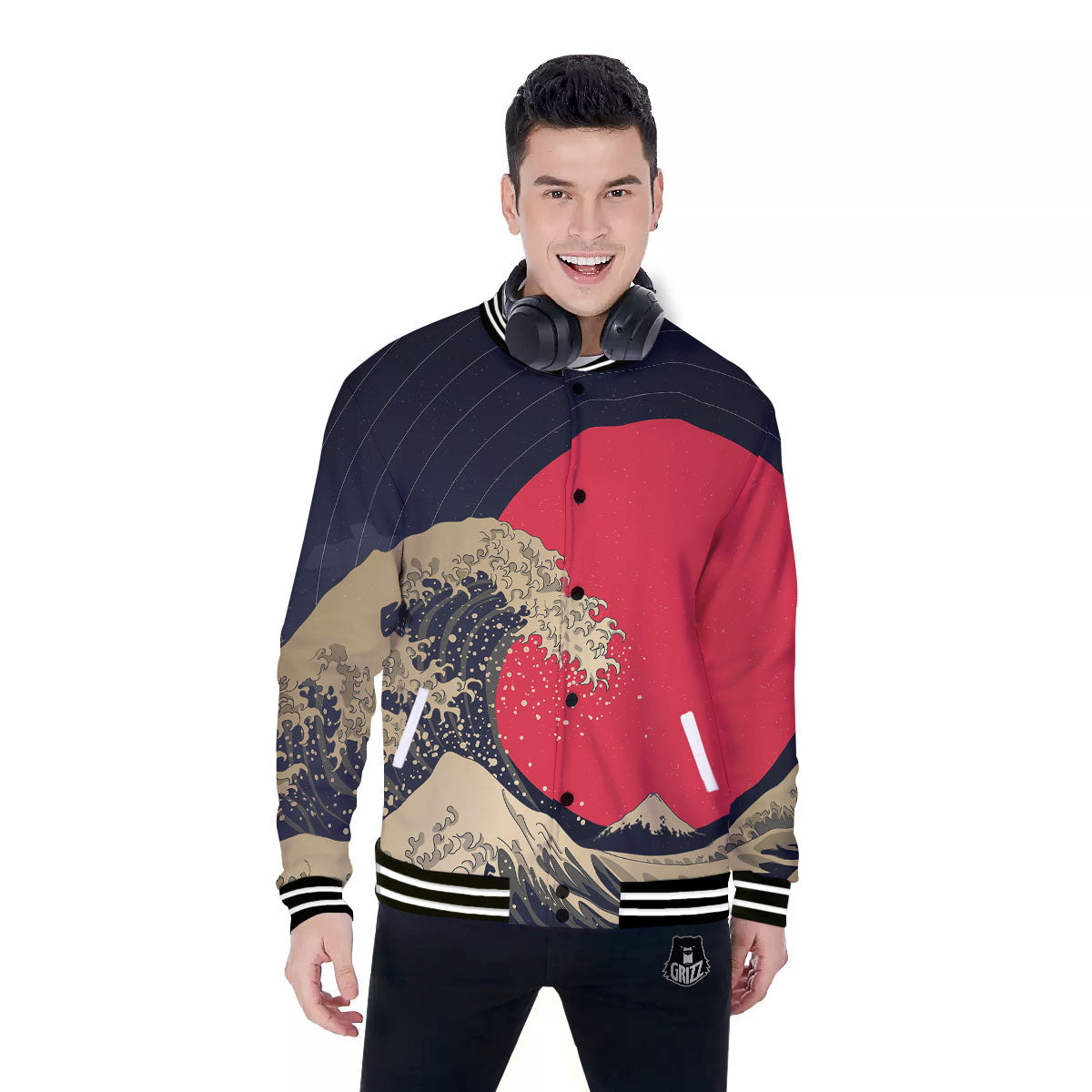 Kanagawa Wave Golden Print Baseball Jacket-grizzshop