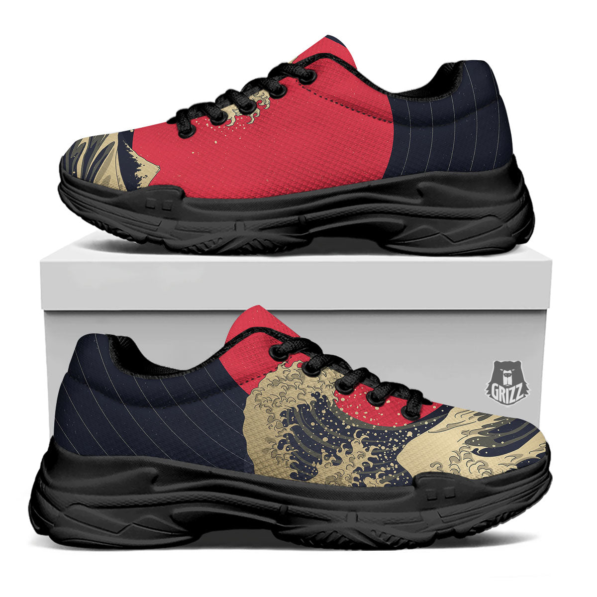 Kanagawa Wave Golden Print Black Chunky Shoes-grizzshop